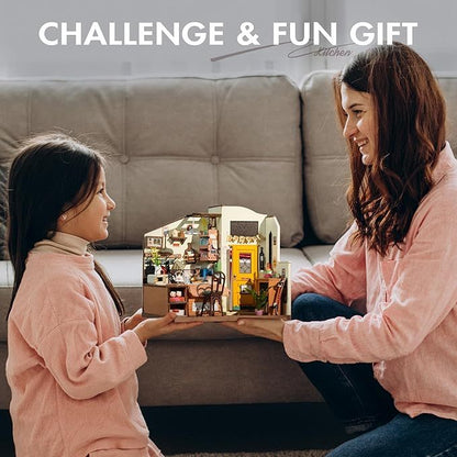 ROBOTIME Rolife Happy Kitchen Dollhouse Minature House DIY Wooden Puzzle With LED Light DG159