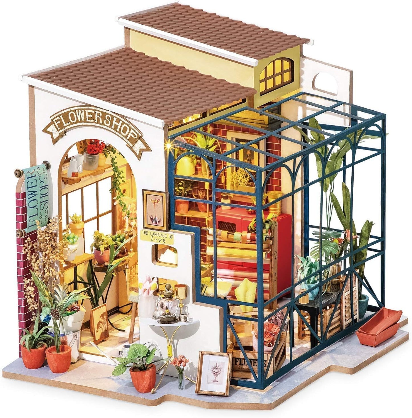 ROBOTIME Rolife DIY Miniature House Kit Emily's Flower Shop, Tiny House Kit For Adults To Build, Mini House Making Kit With Furniture, Halloween Christmas Decorations Gifts DG145