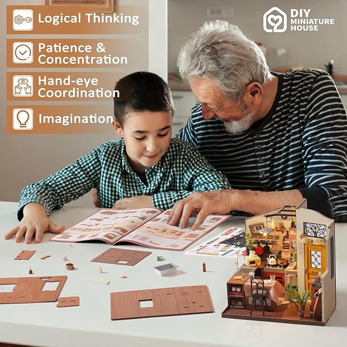 ROBOTIME Rolife Happy Kitchen Dollhouse Minature House DIY Wooden Puzzle With LED Light DG159