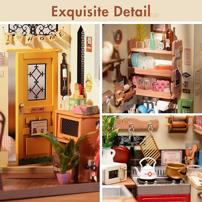 ROBOTIME Rolife Happy Kitchen Dollhouse Minature House DIY Wooden Puzzle With LED Light DG159