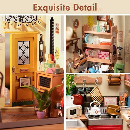 ROBOTIME Rolife Happy Kitchen Dollhouse Minature House DIY Wooden Puzzle With LED Light DG159