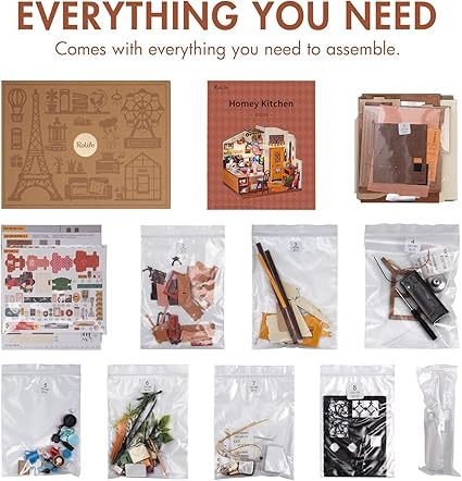 ROBOTIME Rolife Happy Kitchen Dollhouse Minature House DIY Wooden Puzzle With LED Light DG159