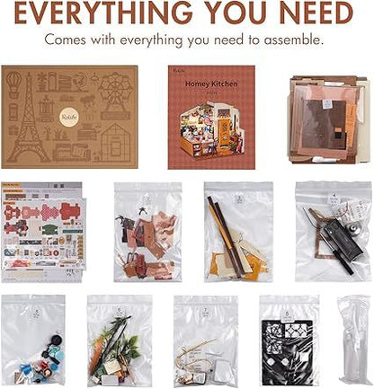 ROBOTIME Rolife Happy Kitchen Dollhouse Minature House DIY Wooden Puzzle With LED Light DG159