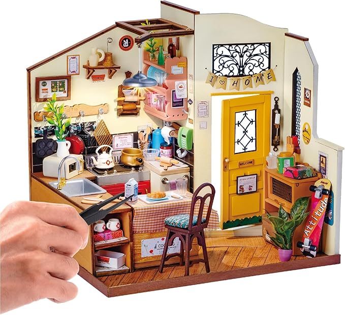 ROBOTIME Rolife Happy Kitchen Dollhouse Minature House DIY Wooden Puzzle With LED Light DG159