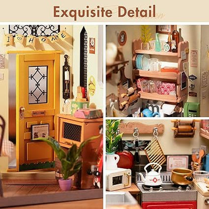 ROBOTIME Rolife Happy Kitchen Dollhouse Minature House DIY Wooden Puzzle With LED Light DG159